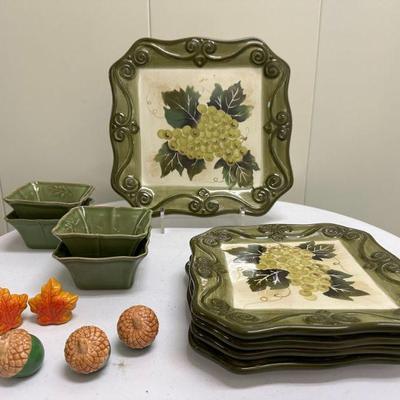 Misc. Autumnal Ceramics | Miscellaneous hand-painted autumnal ceramics including: Salad plates Olive bowls Platter (marked...