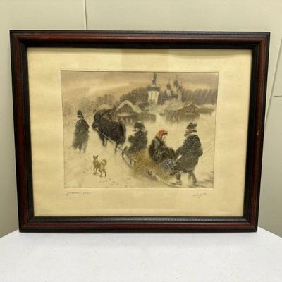 (1pc) Painting - Winter Sled | Artist painting of a winter scene, likely in Russia. Signed by artist - h. 12.5 x w. 15.5 in