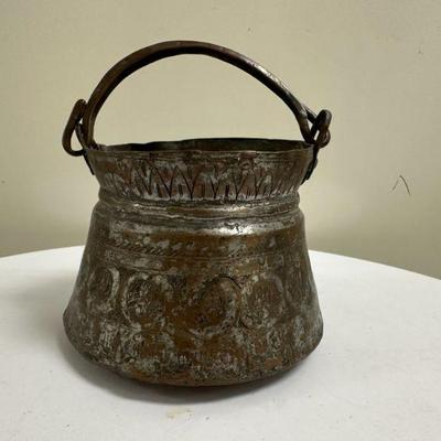Copper Bucket | Hand-forged copper bucket with swinging handle and etched design (likely Middle East/Turkey) - h. 5.5 x dia. 6.5 in

