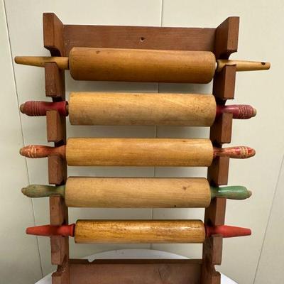 Rolling Pin Rack | Antique rolling pin rack with five rolling pins (one missing) - h. 22 x w. 18 in

