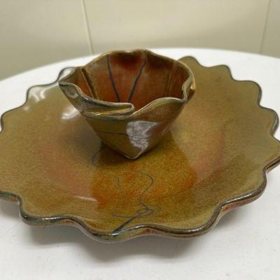 Chip & Dip Set | Hand-crafted, hand-painted ceramic chip/dip serving set. Plate: dia. 10 in. Bowl: h. 2.5 in. x h. 4 in.

