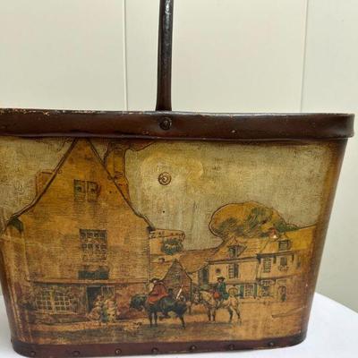 Magazine Holder | Magazine holder with a leather-like material and decoupage scene on front. - h. 17 x w. 16 x d. 8 in

