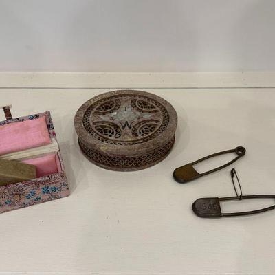 (4pc) Chinese Case & Other Items | Vintage Chinese seal in cloth-covered case for inking/signing (4 x 2.5 in.); a carved stone...