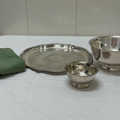 (4pc) Silverplate Pieces & Tarnish Bag | Tray: dia. 13.25 in. Small bowl: 4 in. x 2.5 in. Large bowl with plastic insert: 8 in. x...