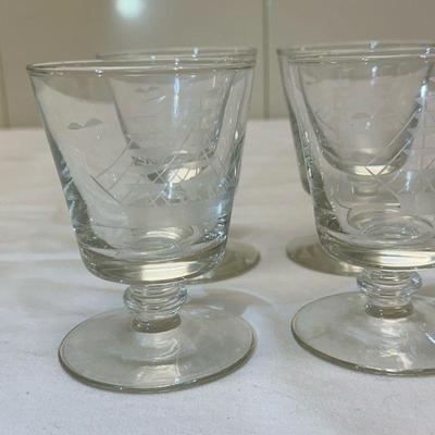 (7pc) "Ship" Motif Etched Glasses | Etched glasses with ship motif. - h. 4.5 x dia. 3 in