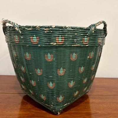 Green Wicker Basket | Hand-painted green wicker basket with side handles. - h. 13 x w. 18 in

