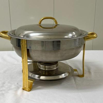 Chafing Dish | Silver chafing dish with gold accents. - h. 11 x w. 16 in