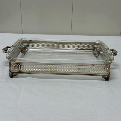 Pyrex Dish & Silverplate Holder | Pyrex glass casserole dish and silverplate footed holder with handles. - h. 3.25 x w. 18 x d. 9 in