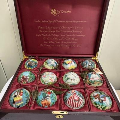 (13pc) 12 Days Ornaments | Vintage lacquered box with ornaments of the 12 days of Christmas.