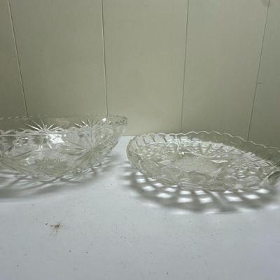 (2pc) Glass Bowl & Tray | Cut glass bowl: dia. 11 in. Pressed glass tray: dia. 10.25 in.