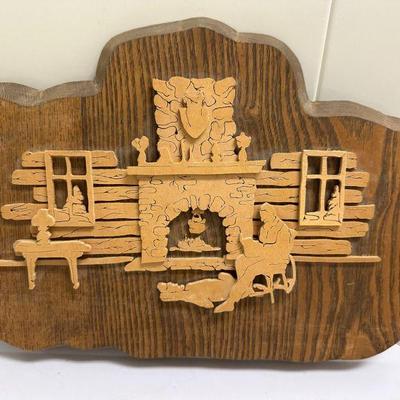 Artwork - Winter Cabin | Vintage carved scroll mounted on wood of man and dog in a winter cabin scene. - h. 9.5 x w. 14.5 in
