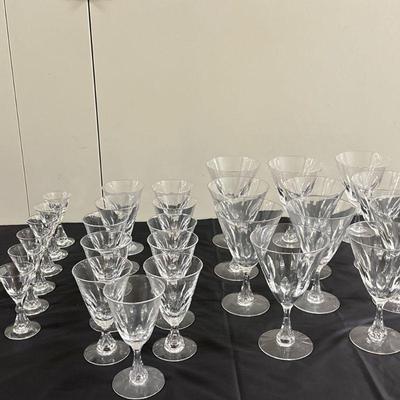 (30pc) Misc. Cut Crystal Wine Glasses | 11 Water glasses: h. 6.5 in. 13 Wine glasses: h. 5 in. 6 Apertif glasses: h. 4 in.