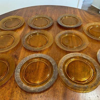 (10pc) Amber & Gold Plates | Vintage amber glass dinner plates with floral patterned edges (possibly previously gold or brass...