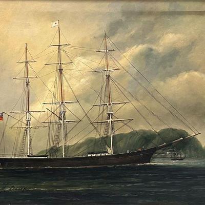 Painting - Clipper Ship | Vintage (1960's) oil-on-canvas painting of an American clipper ship in ornate frame . Signed by artist:...