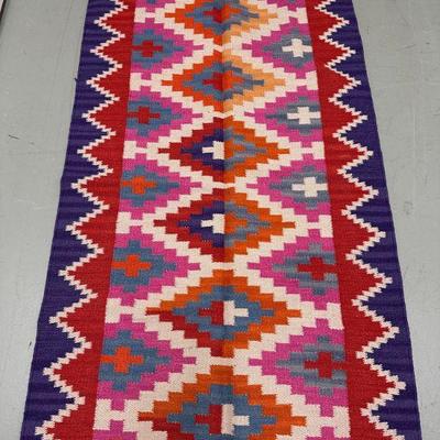 Navajo Style Rug | Navajo style patterned rug in blue, red and pink geometric shapes. - w. 33.5 x l. 60 in

