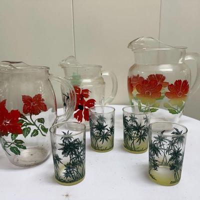 (7pc) "Tropical" Motif Glassware | Glassware with "tropical" (palm trees, florals, etc.) motifs including: Three...