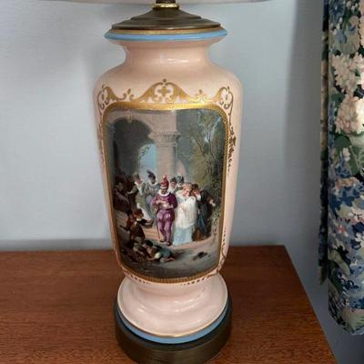Pair Hand-Painted Scenic Lamps | A pair of antique porcelain table lamps each with a finely painted scene within gilt cartouche, with...