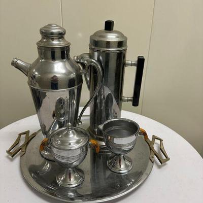 Misc. Coffee Set | Miscellaneous coffee set with metal coffee pitchers, creamer and sugar bowls, and silver tray with handles, including:...
