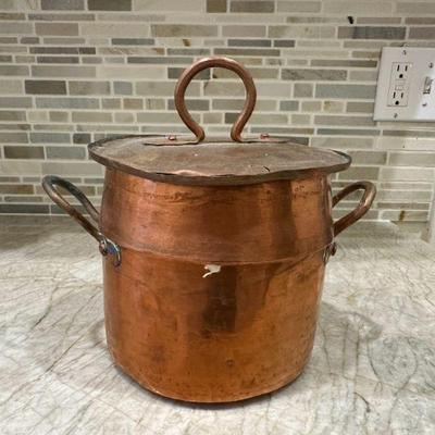 Copper Stock Pot | Antique copper stock pot with lid and side handles. - h. 5 x w. 6 in

