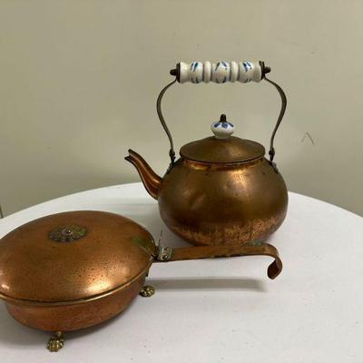 (2pc) Copper Teapot | Vintage copper teapot and a lidded, handled warmer with carved lion design.

