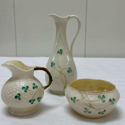 (3pc) Belleek Shamrock Leaf Pitcher | Pitcher: h. 7 in. Creamer: h. 4 in. Sugar: h. 2.25 in.

