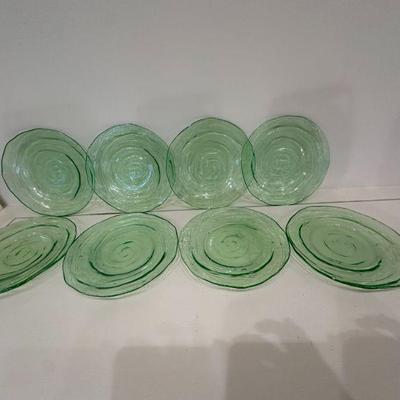 (8pc) Green Glass Plates | Vintage green glass plates with central swirl pattern. - dia. 8 in

