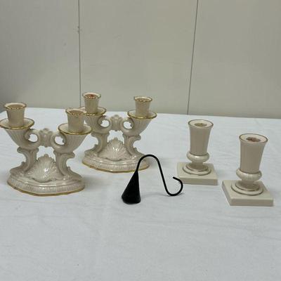 (5pc) Lenox Candlestick Holders & Snuffer | Double candle: h. 6 in. x w. 6 in. Single candle: h. 4.5 in. x w. 2.5 in.