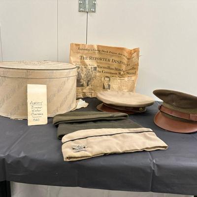 (5pc) U.S. Army Hats | Vintage (1940's) army hats, hat box and newspaper from 1963.