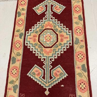Dark Red Rug | Dark red geometric pattern runner rug. - w. 29 x l. 52.5 in

