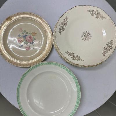 (14pc) Vintage Plates | 6 - Green trim (marked but not legible) 7 - Silver/gold inlay design (unmarked) 1 - Pink floral design (marked...