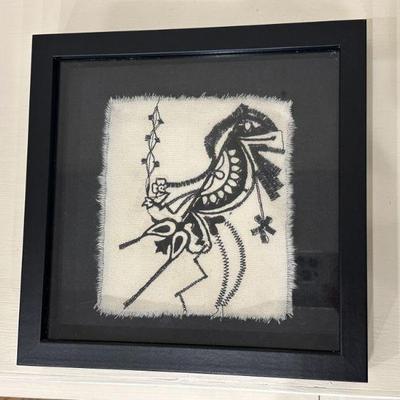 Artwork - Thread Drawing | Vintage (2007) black-and-white tribal-inspired thread drawing (quilt) in black frame. Signed by artist:...