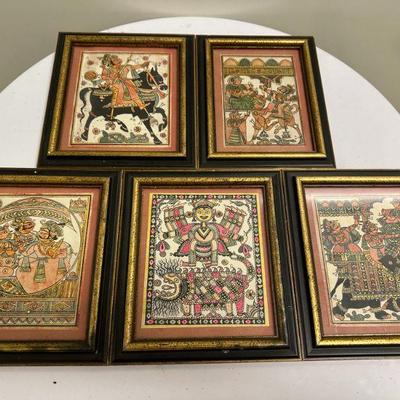 (5pc) Buddhist Wall Art | A series of 5 small framed and matted pictures (likely Indian/Buddhist)

