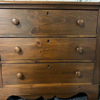 Three-Drawer Chest | Vintage wooden small three-drawer chest with wooden hardware. - h. 27.5 x w. 31 x d. 15 in

