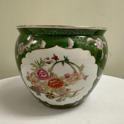 Green Cachepot | Small green cachepot with hand-painted goldfish design - h. 7 x dia. 8 in

