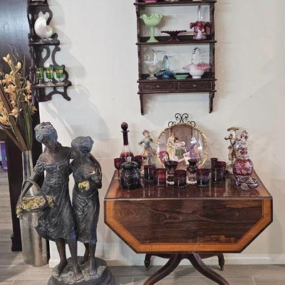 Bronze statue, Bohemian glass, Fenton glass on shelf