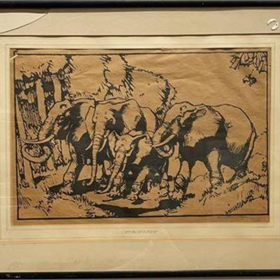 Lot 157   
Woodblock "Four of a Kind" Elephant Signed Print