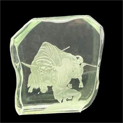 Lot 011  
Mid Century Signed Etched Glass Native American and Bison Hunting Scene 1973