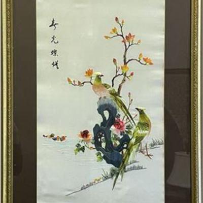 Lot 095  
Chinese Embroidered Pheasants on Silk Panel