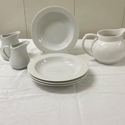 (7pc) Arzberg Breakfast Set | 4 Arzberg bowls: dia. 9 in. (Made in Germany) BIA Creamer: h. 5 in. (Made in China) BIA Sugar: h. 5 in....