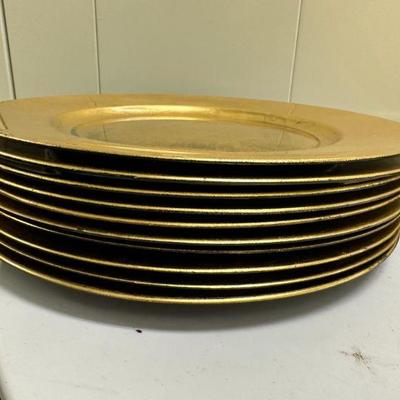 (14pc) Gibson Gold Charger Plates | 10 Gibson gold chargers. 4 Unmarked gold chargers (Made in China) smaller: dia. 13 in. larger: dia....