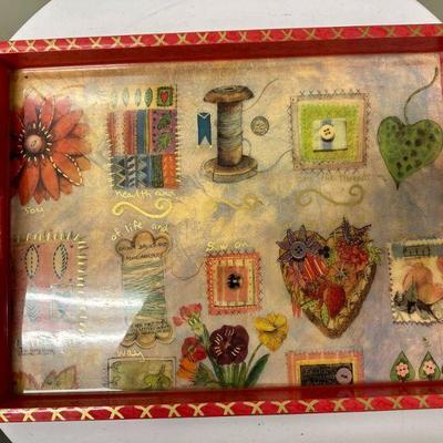 Decoupage Art Serving Tray | Cynthia Carey wood lacquered decoupage serving tray. Signed by artist: "Cynthia Carey, Tray Chic"...