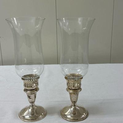 (2pc) Sterling Silver Hurricanes | Sterling silver base with glass hurricane. - h. 11 x w. 4 in

