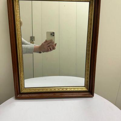 Wood & Gilt Mirror | Heavy wood mirror with wooden frame and gold gilt details on inner frame. - h. 19.5 x w. 15.5 x d. 2 in

