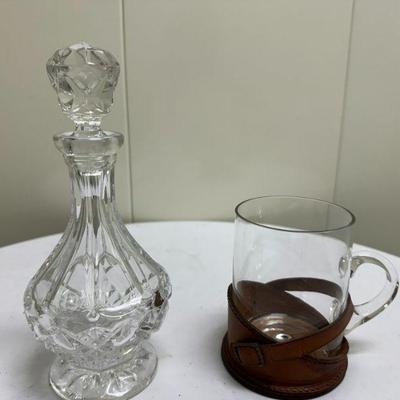 (2pc) Glass Pitcher & Decanter | Small glass pitcher with leather base/details. Small cut crystal decanter. - h. 8.5 in (decanter)

