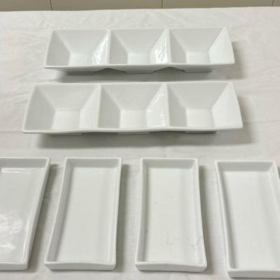 (6pc) Crate & Barrel Appetizer Plates | 4 unmarked snack dishes: 15 in. x 5 in. 2 Crate & Barrel dip dishes: 7.5 in. x 4 in.

