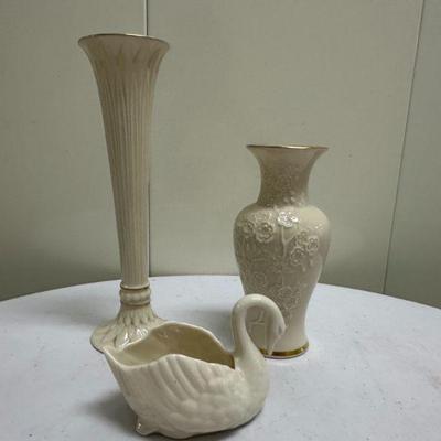 (3pc) Lenox Vases & Figurine | Lenox vases and and an unmarked swan figurine. - Tall vase: h. 9.5 in. Short vase: h. 6.5 in. Swan: h....