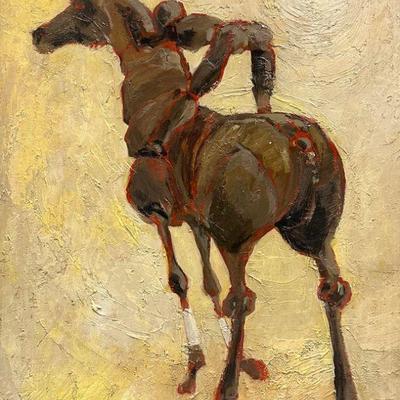 Painting - Horse & Rider | Vintage (1960's) oil painting of a horse and rider in dark wood frame. Signed by artist:...