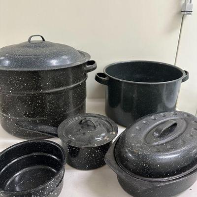 (8pc) Enamel Cookware | Large lidded pot with canning insert; Medium lidded pot; Casserole/lidded dish; Sauce pots, one with lid - Large:...