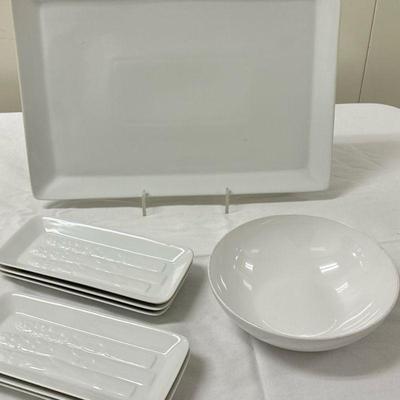 (8pc) Pottery Barn Serving Dishes | Centura Bowl: dia. 8 in. Unmarked Platter: 12 in. x 17 in. 6 Pottery Barn Plates: 6 in. x 9 in. x 4.5...