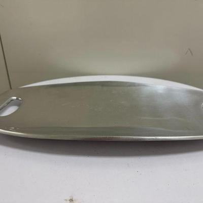Nambé Silver Tray | Vintage (1992) handcrafted, tarnish free Nambé silver alloy serving tray with handles. - h. 1.5 x w. 19 x d. 9.25 in

